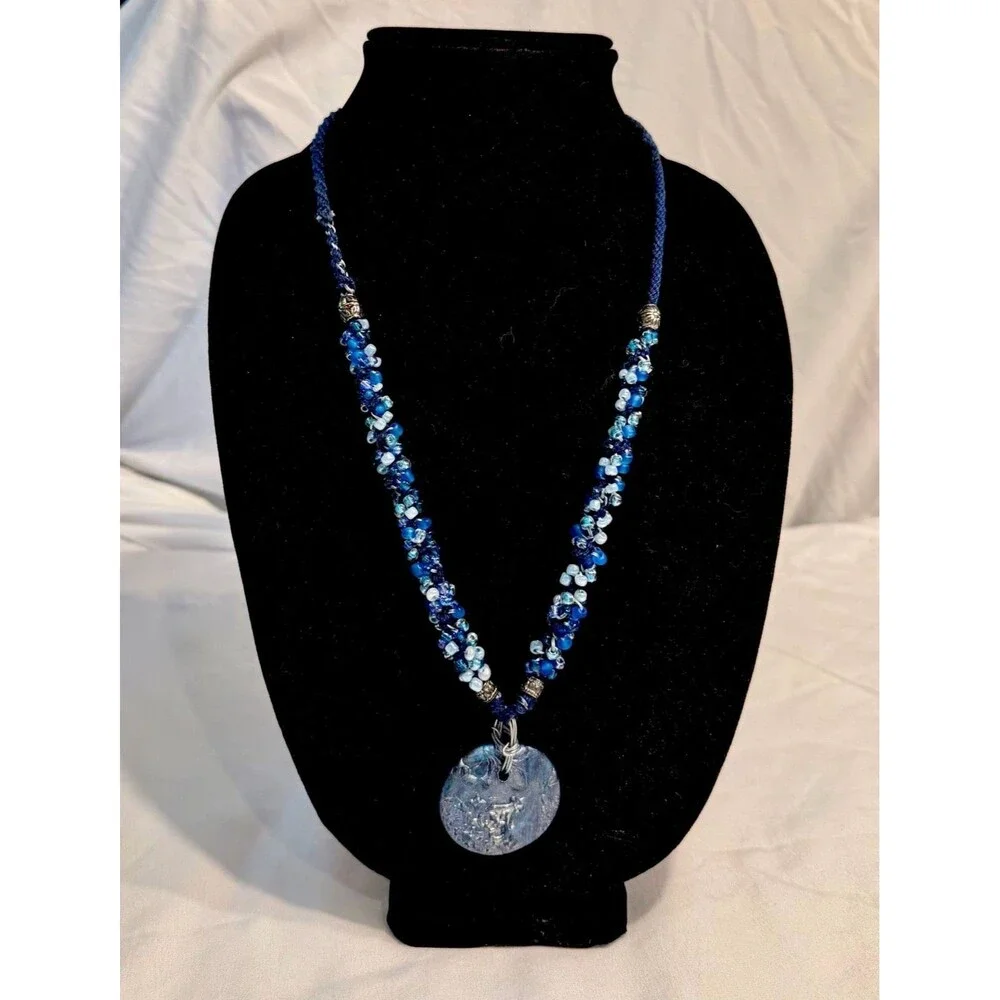 Boho Artisan Blue Seed Bead and Polymer Clay Pendant Necklace